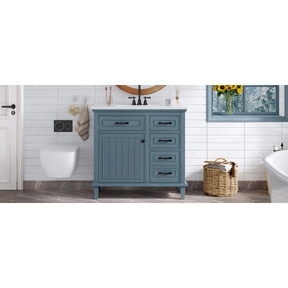 36 Inch Bathroom Vanity with Ceramic Sink Top, Solid Wood Frame Storage Cabinet with Flip Drawers, Adjustable Shelf and Zinc Alloy Handles for Freestanding Installation (Faucet Not Included)