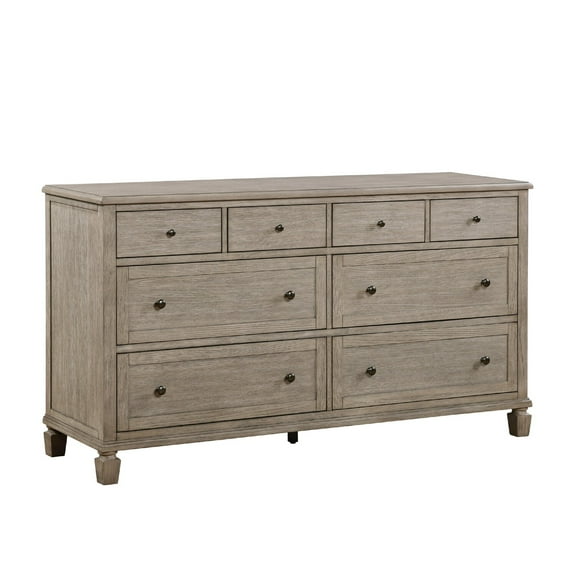 Benjara Cely Dresser, 66 Inch, 8 Drawers, Gray Oak Veneer, Nickel Tone Knobs