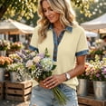 thumbnail image 6 of Shirts for Women Trendy Short Sleeve Button Up Collared Shirt with Denim Collar Waffle Knit Patchwork Polo Shirts, 2XL, 6 of 7