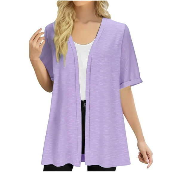 bbymog Women's Short Sleeve Cardigan Sweaters Open Front Knit Lightweight Cardigan Casual Vacation Cardigans for Women Trendy Purple S
