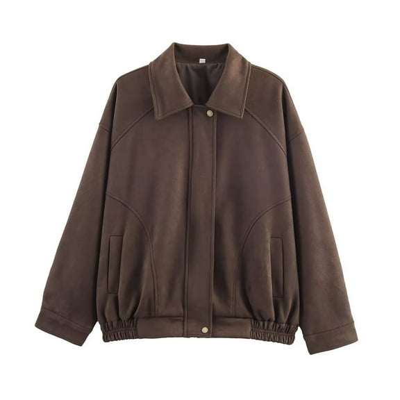 Bomber Jackets for Women Zip Up Lapel Collar Pockets Fall Winter Motorcycle Coat No Hood Solid Vintage Outwear (S, Coffee)