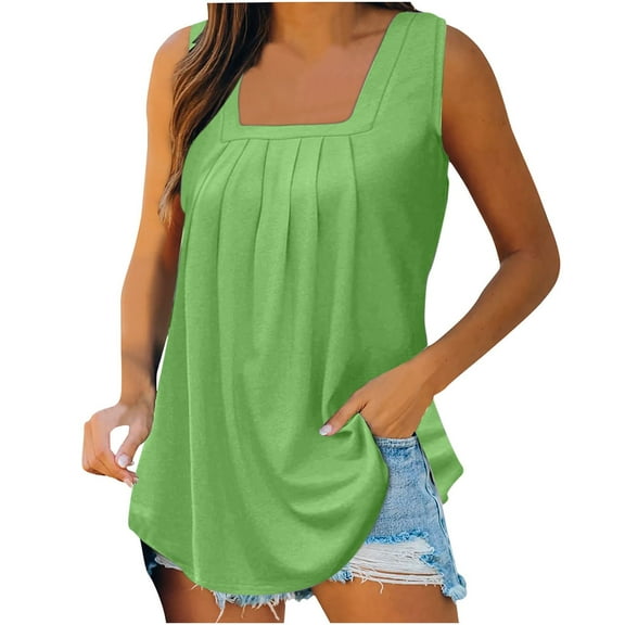 Scyoekwg Sleeveless Tops for Women Square Collar Pleated Tank Tops Loose Casual Solid Color Tunic Tops Trendy Summer Sling Shirts Tshirt (Green,XXL)