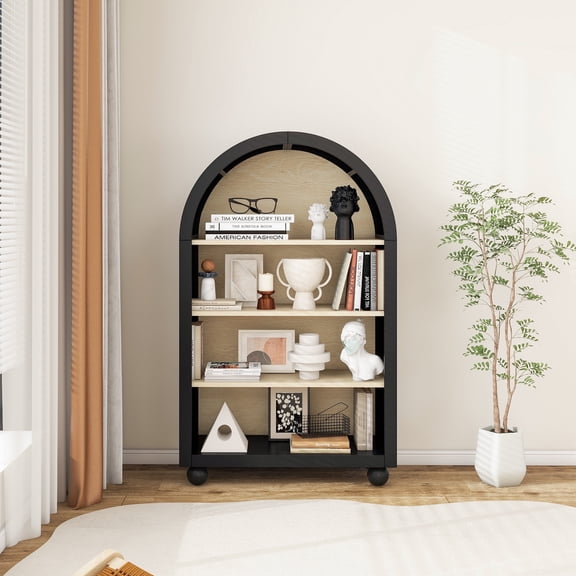 MIDOQIN 4-Tier Arched Bookshelf, Wooden Small Spaces Bookcase Storage Shelves with Anti-Tipping Device Freestanding Display Shelving