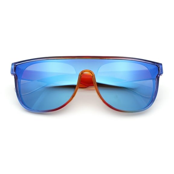 Kids Size Tie Dye Color Flat Top Shield Horn Rim Plastic Sunglasses Orange Blue - Blue Mirror