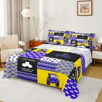 Manfei Cartoon Tractor Twin Sheet Sets,Rustic Farmhouse Cabin Twin Fitted Sheet,Purple Yellow Gray Patchwork Plaid Flat Sheet For Boys,Super Cozy Room Decor,3-Piece