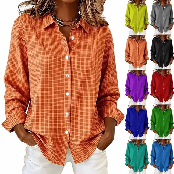 Ashirexll Long Sleeve Shirts for Women Collared Plaid Print Button Front Fashion Style Long Sleeve Shirt Top