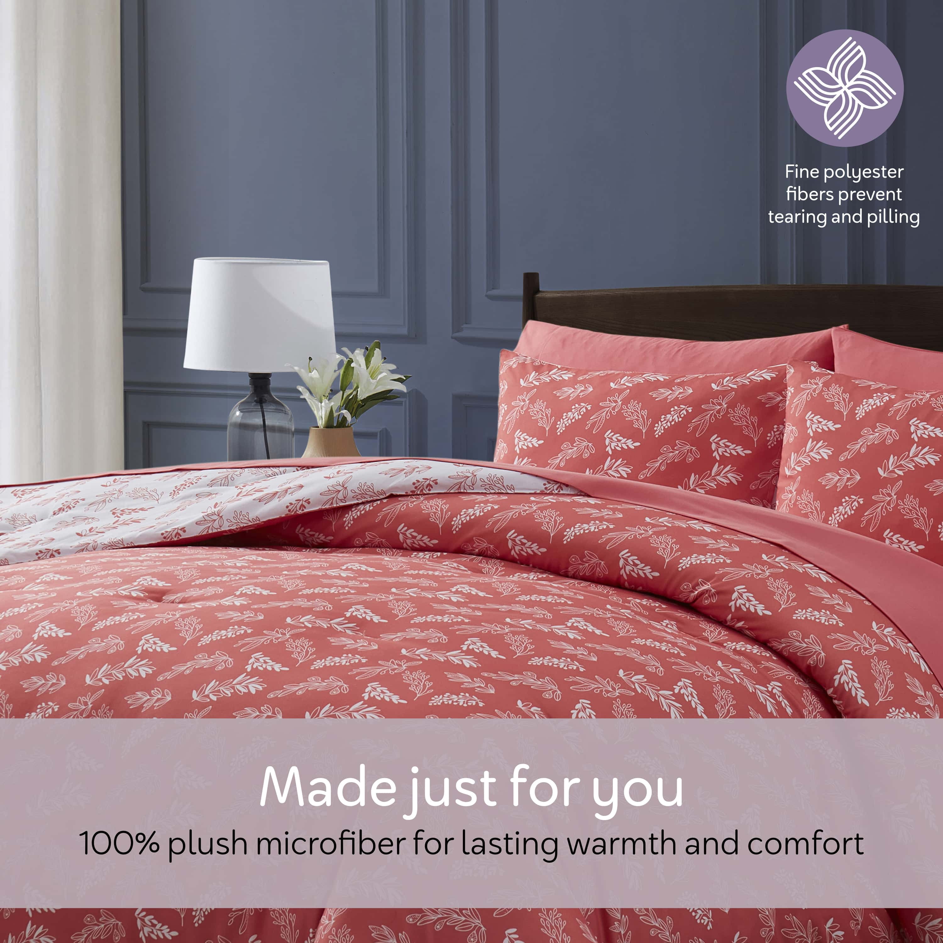 LammaLoe King Size Comforter Set, 7 Piece Botanical Bed in a Bag , Reversible Bedding Comforter Set with Sheets, Modern Bed Set, Flamingo Pink/Cloudstone