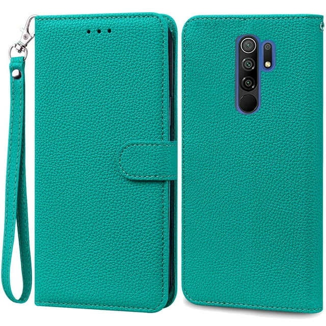 For Redmi 9 Case Soft Silicone Wallet Cover Phone Case For Xiaomi Redmi 9 Case Redmi9 Leather Flip Case Coque Fundas Shell Cyan -Strap For Redmi 9