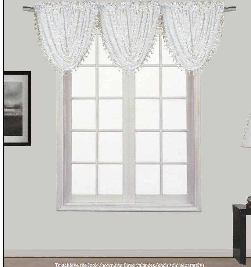 Luxurious 1 Piece Hollywood Waterfall Valance White Rod Pocket Topper Window Size 55 Inch Wide X 37 Length, White Waterfall Valances Curtains