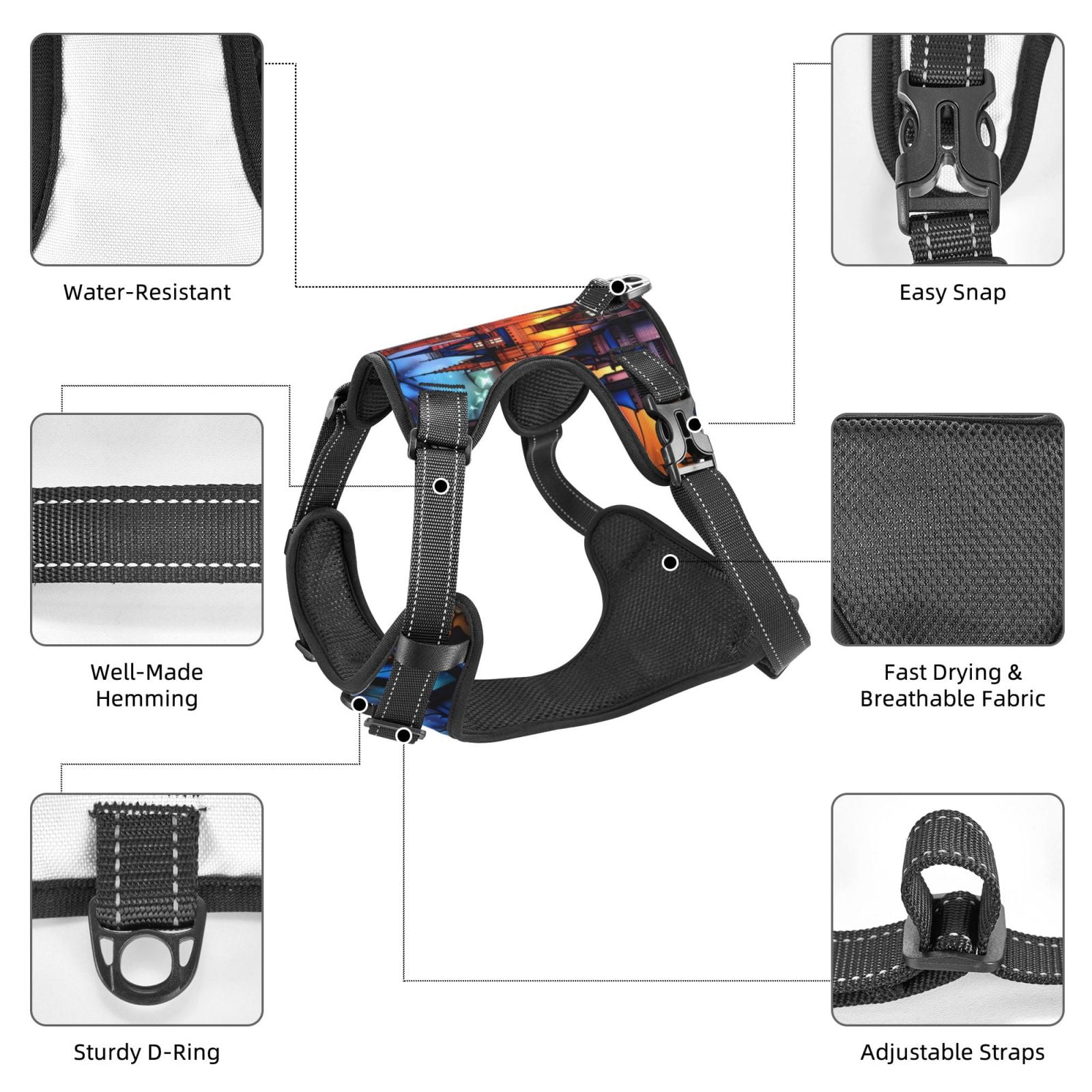 Fuzoiu Magical Stained Glass Castle Print Reflective Dog Harness,Adjustable, Breathable Pet Vest,Dog Harness No Pull,No Choke Pet Vest for Small, Medium, and Large Dogs-X-Large