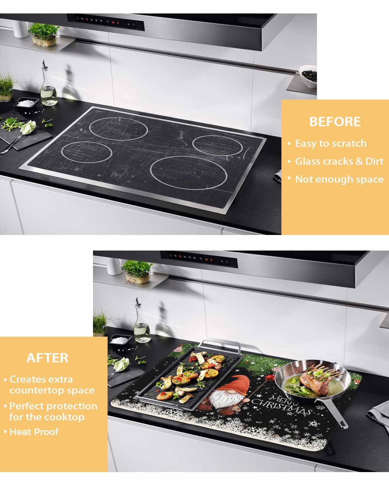 Large Induction Cooktop Protector Mat Black Gnomes Christmas Stove Top Covers for Electric Stove, Xmas Weeping Balls Snowflake Decorative Stove Burner Cover Mats, Glass Top Stove Cover