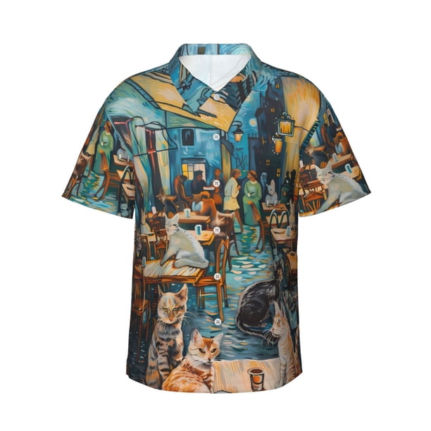 Balery Whimsical Cats Night Cafe Camisas hawaianas de manga corta para hombre, camisas playeras de corte holgado, camisas de vacaciones con botones,Medium