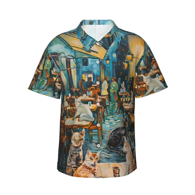Balery Whimsical Cats Night Cafe Camisas hawaianas de manga corta para hombre, camisas playeras de corte holgado, camisas de vacaciones con botones,Medium