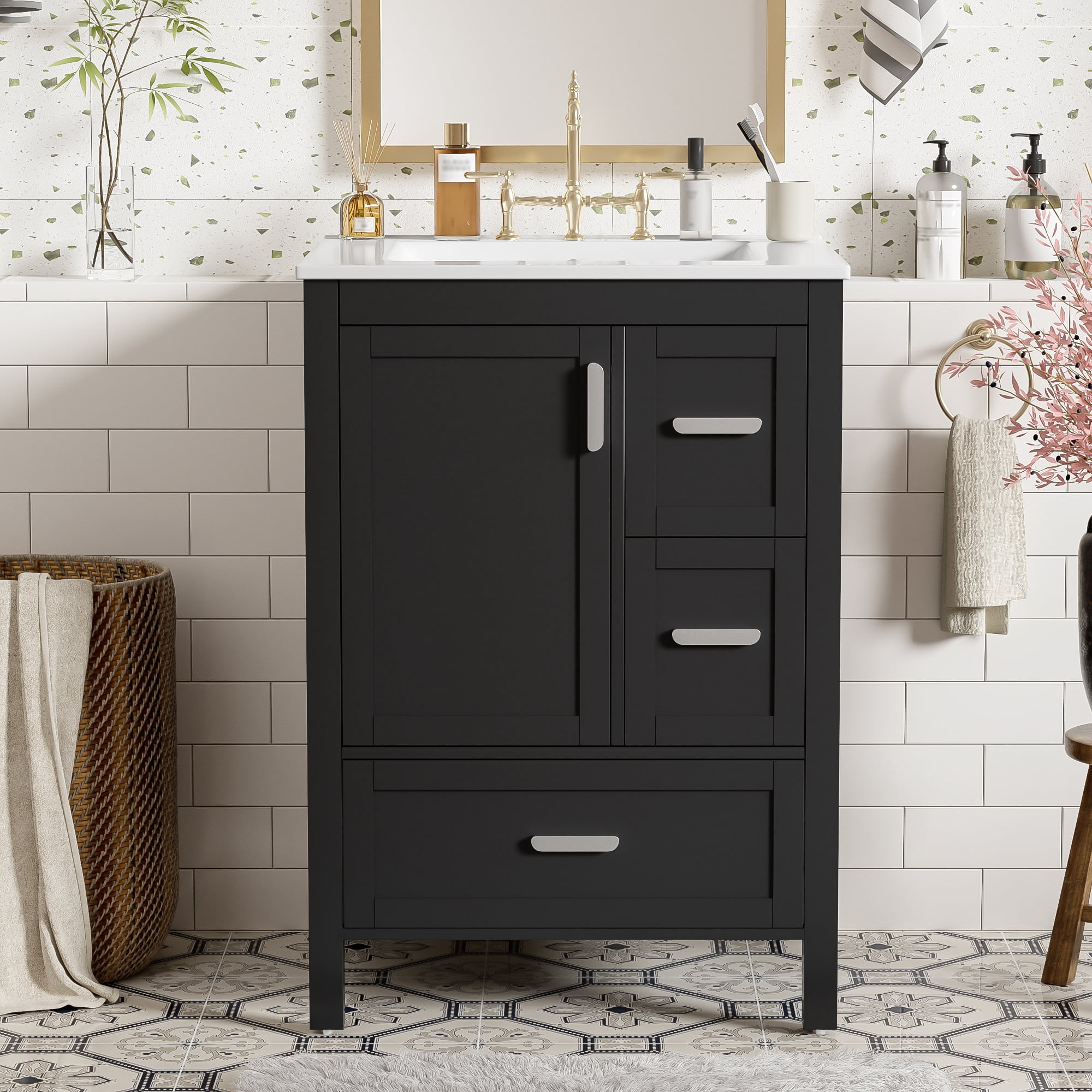 Euroco Modern 24-inch Bathroom Vanity with Ceramic Sink, Soft-Close Door, Double-Layer Door Shelf, and 3 Drawers