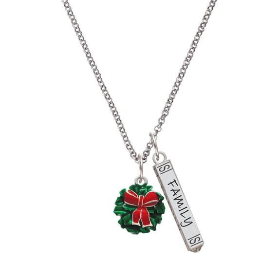 Delight Jewelry Enamel Wreath with Bow Silvertone Family Bar Charm Necklace, 23"