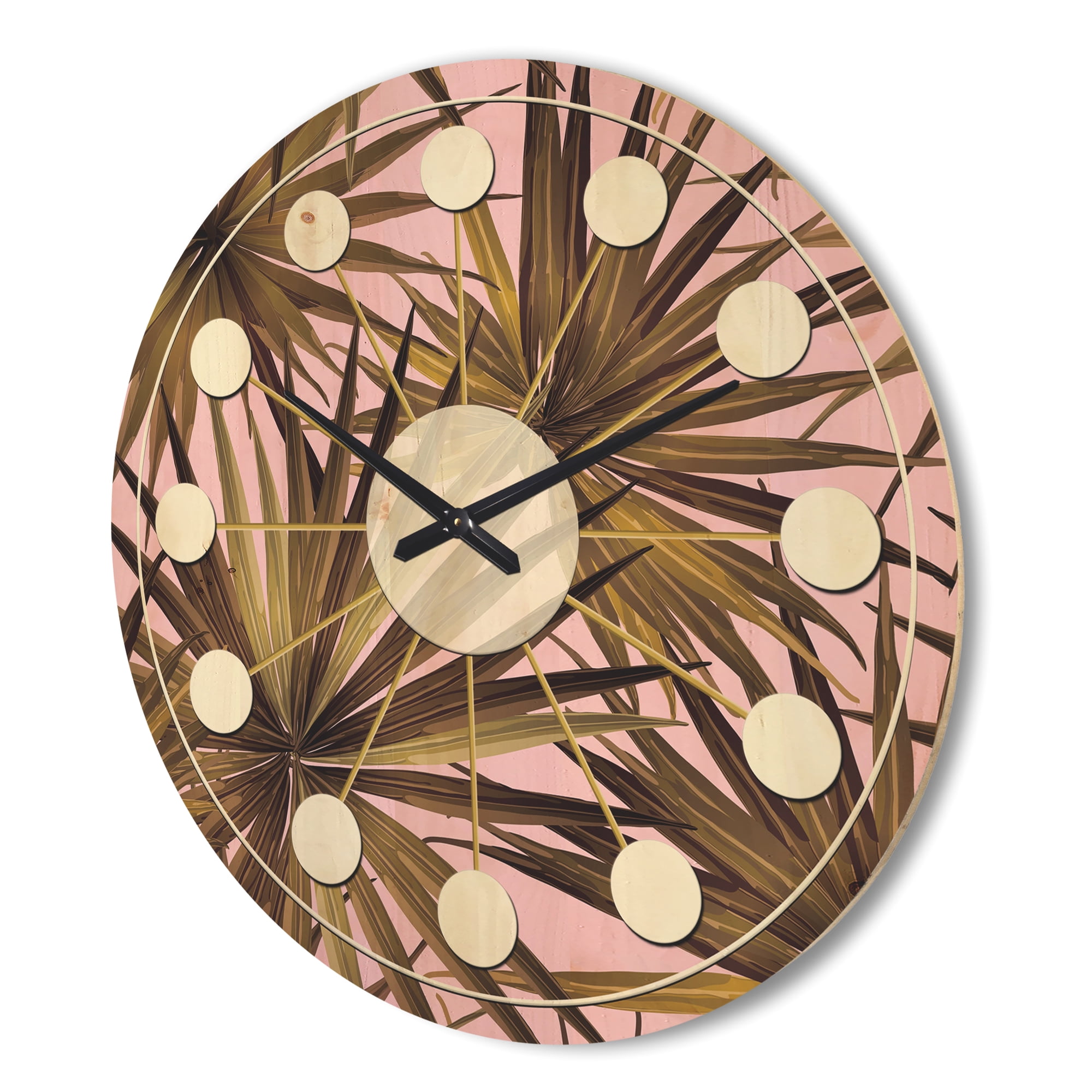 Designart 'Tropical Leaves On Pink Retro' Mid-Century Modern Wood Wall Clock