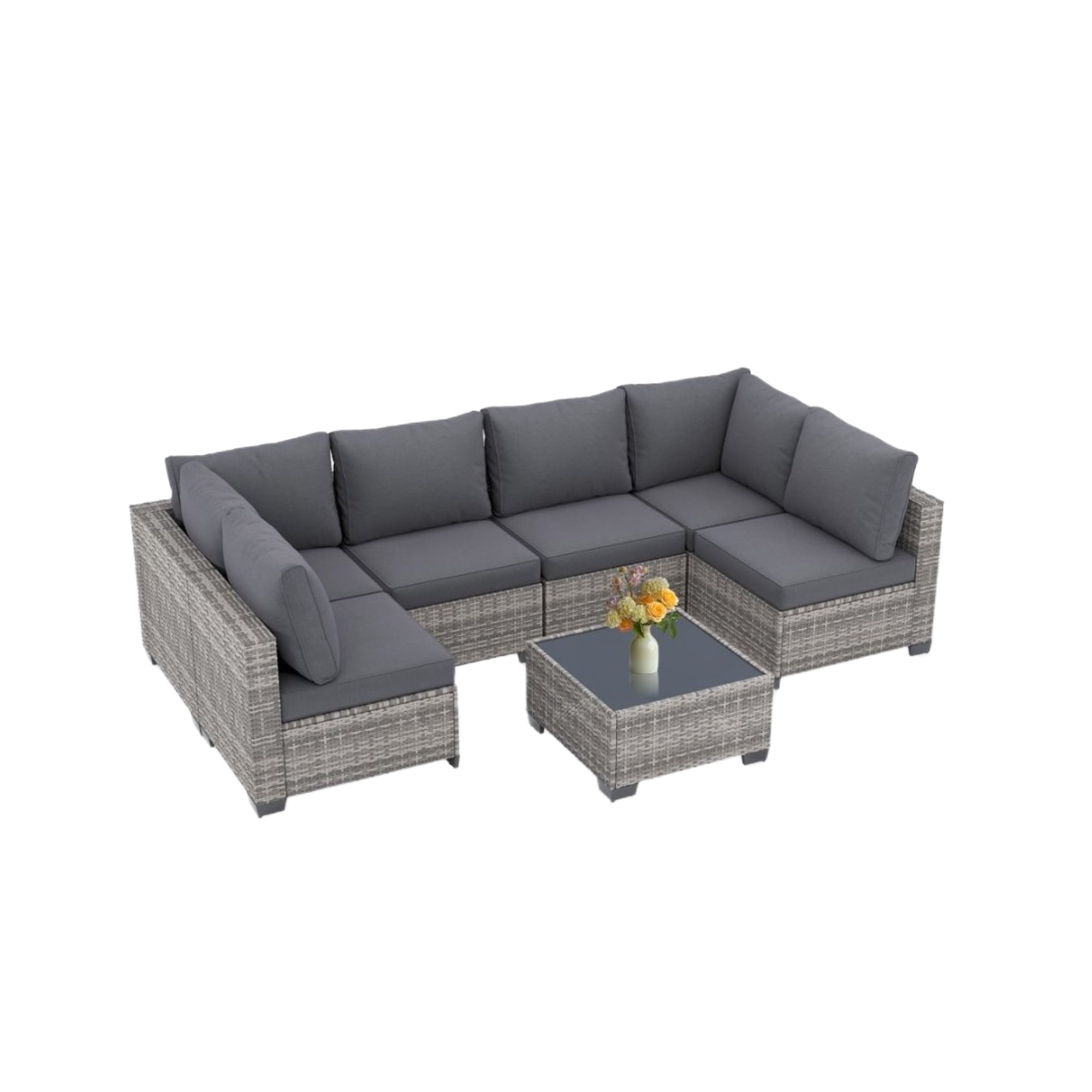 7-Piece Patio Furniture Set with Glass Coffee Table, All-Weather Wicker Rattan Outdoor Sectional Sofa with Thick Cushions, Modular Patio Conversation Set for Backyard, Poolside & Garden