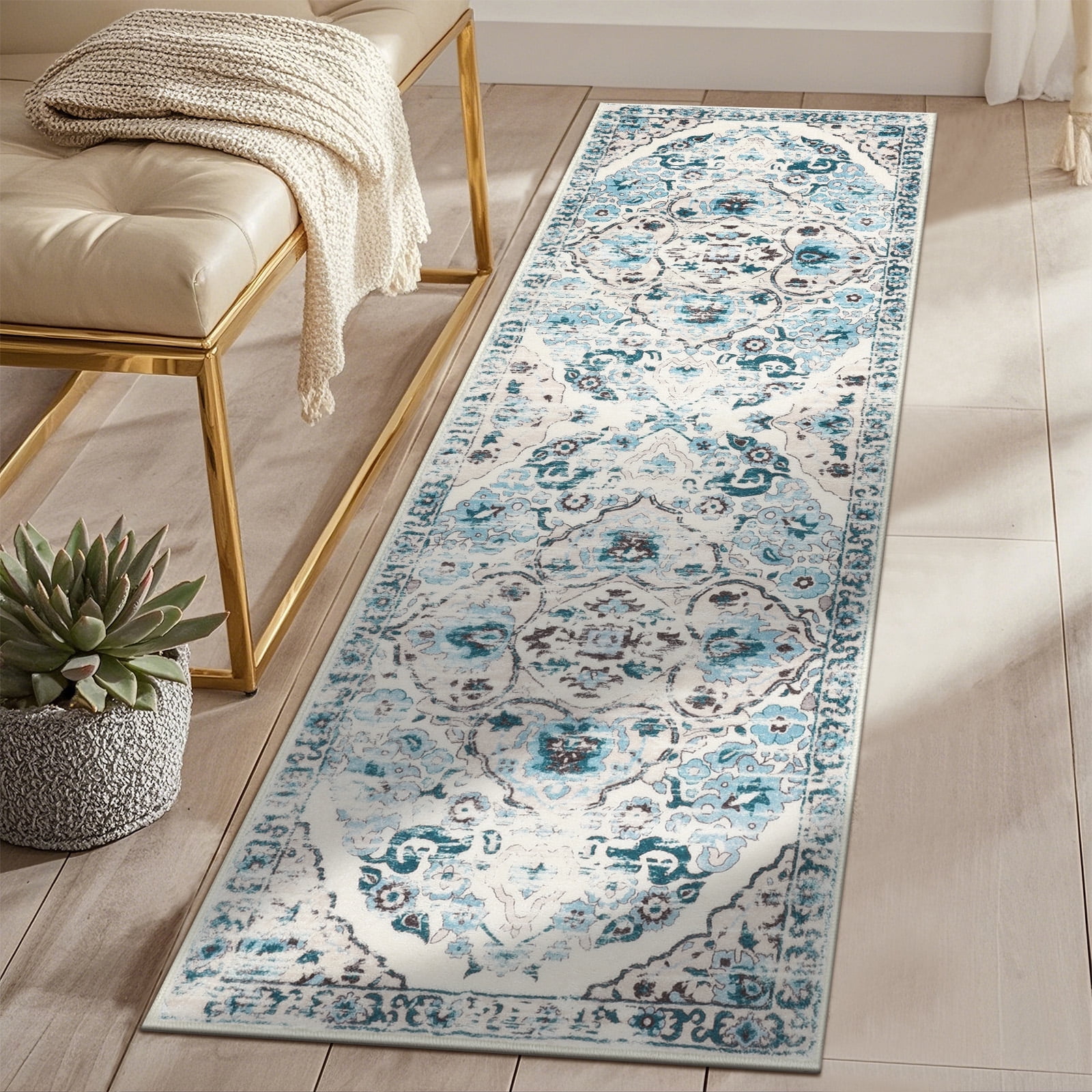 MeyJey 2'x6' Boho Runner Rug for Hallway, Non Slip Machine Washable Rug Distressed Vintage Floor Carpet for Laundry Bedroom Kitchen, Blue/Beige