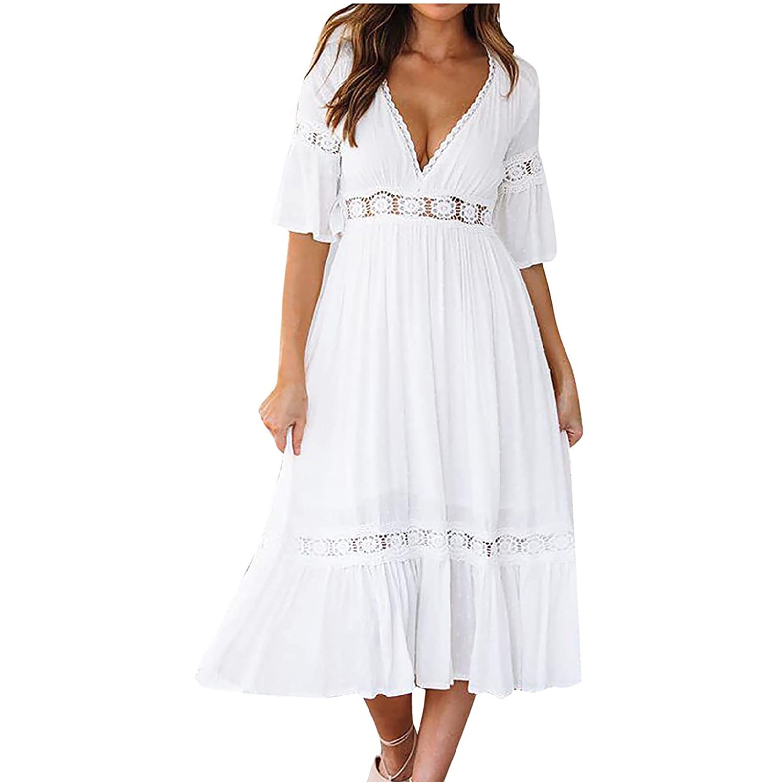 RXIRUCGD Summer Dresses for Women Party Dresses Ladies Dress Hollow Chiffon Short Sleeve V Neck Long Dress Baggy Loose Midi Wedding Guest Dresses Summer Shift Dress White Walmart