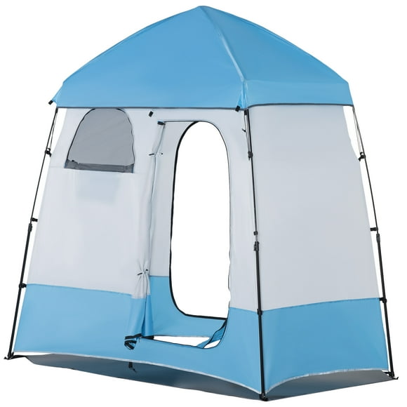 Outsunny Pop Up Shower Tent, Portable Privacy Shelter for 2 Persons, Changing Room with 2 Windows, 3 Doors, Carrying Bag, Grey and Blue