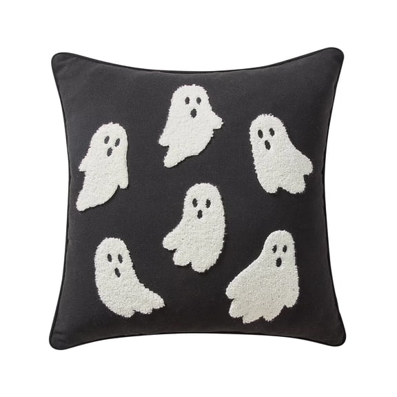 Halloween Ghost Boucle Throw Pillow Black Linen 18x18 inch | Decorative Tufted Ghost Cushion with Insert