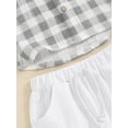 thumbnail image 3 of pengnight Kid Toddler Baby Boy Summer Short Clothes Outfits, 6 12 18 24 Months 2T 3T 4T Round Neck Short Sleeve Plaid Print Tops and Elastic Waist Solid Color Shorts 2Pcs Set, 3 of 10