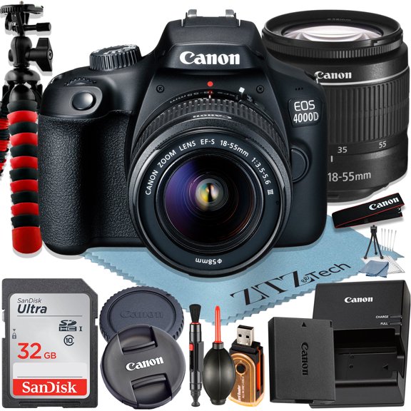 Canon EOS 4000D / Rebel T100 Appareil Photo Reflex Numérique 18 Mpx avec Objectif Zoom EF-S 18-55 mm + Carte Mémoire SanDisk 32 Go + Trépied + Ensemble d'Accessoires ZeeTech