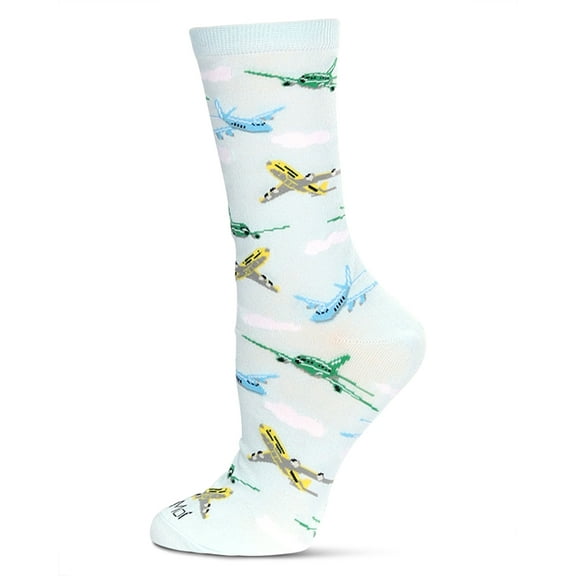 MeMoi Women's Airplanes Bamboo Crew Socks - Womens - Female, 9-11, Light Blue