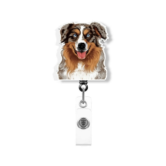 WIRESTER Acrylic Reel ID Holder Belt Clip Badge Retractable with Alligator Clip for Office Worker, Medical Staffs, Nurse, Doctor, Teacher, Student - Red Merle Aussie Australian Shepherd Dog