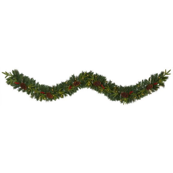 Nearly Natural Pre-Lit Mixed Pine with Berries and Pinecones Christmas Garland - 9' x 6" - Clear LED