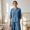 thumbnail image 6 of 3/4 Sleeve Embroidered Linen Set for Women, V-Neck Cotton Blend Top & Wide Leg Cropped Pants 2 Piece Outfit - Boho Summer Vacation Lounge Co-ord Set Blue XXL, 6 of 9