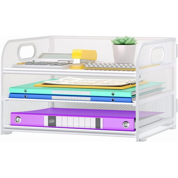 3 Tier Paper Organizer with Handle, Metal Desk Organizer Mesh Paper Letter Tray Desktop File Folder Document Sorter for Classroom, School, Office Accessories Organization and Storage - White