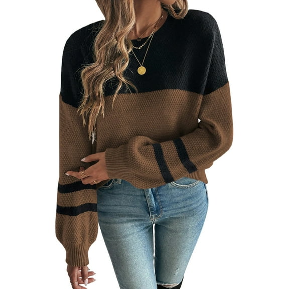 Women's Dark Brown Color Block Knit Sweater – Casual Fall Essential with Striped Sleeves | L