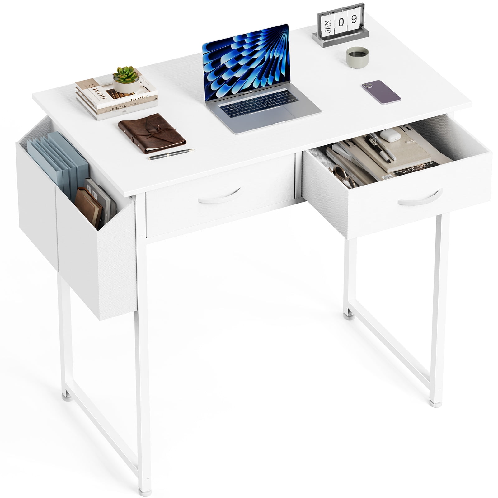 EverPick 32 Inch Desk with 2 Drawers Bedroom Kids Student Vanity Home Office Computer PC Table with Fabric Storage Bag, Study Writing Wood Deskboard for Small Spaces,White