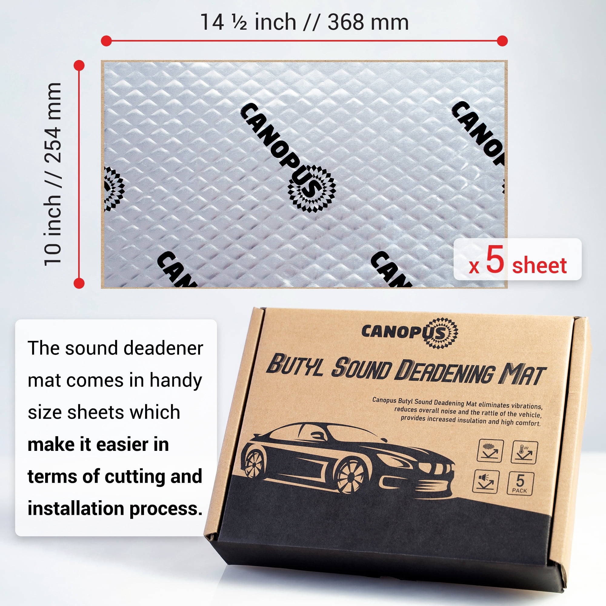 CANOPUS Car Sound Deadening Mat, 80 mil 5 sqft, Pack of 5 Sheets, Butyl Sound Deadener Mat, Audio Car Sound Dampening Material for Car Trunk, Door, Floor and Ceiling, Silver