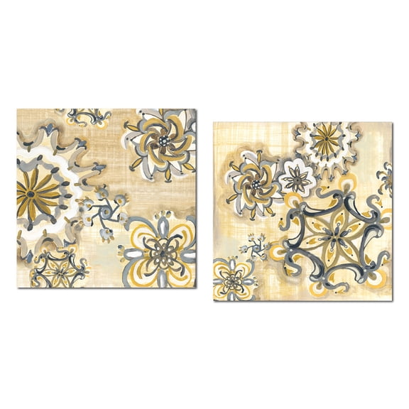 Lovely Yellow and Grey Decorative Medallion Tile Patterned Print Set; Two 12x12in Paper Posters