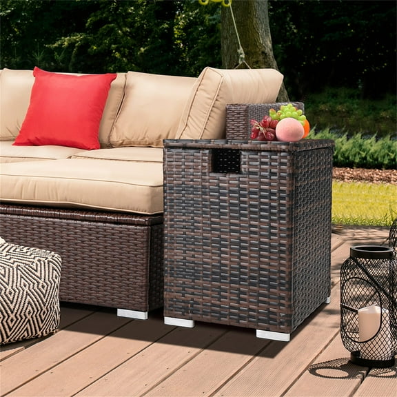 Resenkos Rattan Side Table with Storage, 1 Tier Storage Shelf for All Weather for Outdoor, Patio, Garden, Backyard,Brown