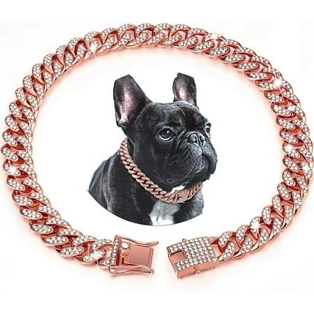 Serijoars Dog Chain Collar Diamond Cuban Link Dog Collar 13mm Wide Metal Puppy Necklace Cute Fashion Jewelry Accessories for Small Medium Large Pets Cats (Rose Gold  18 Inches) C43
