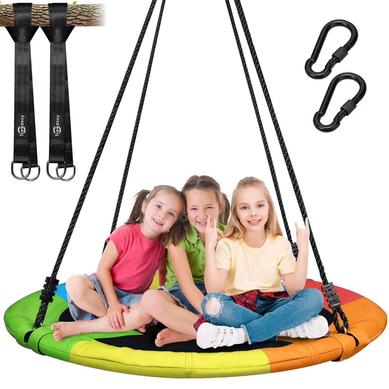 Steel Frame and Adjustable Ropes--Blue Trekassy 700lb 40 Inch Saucer Tree Swing for Kids Adults 900D Oxford Waterproof with Swivel 2pcs 10ft Tree Hanging Straps 