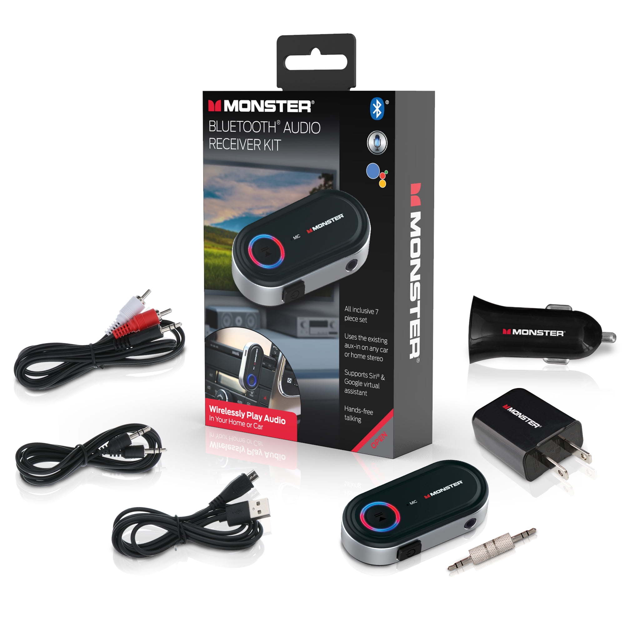 Monster Bluetooth Auxiliary Audio Receiver Kit with Voice Control, 7 Pieces