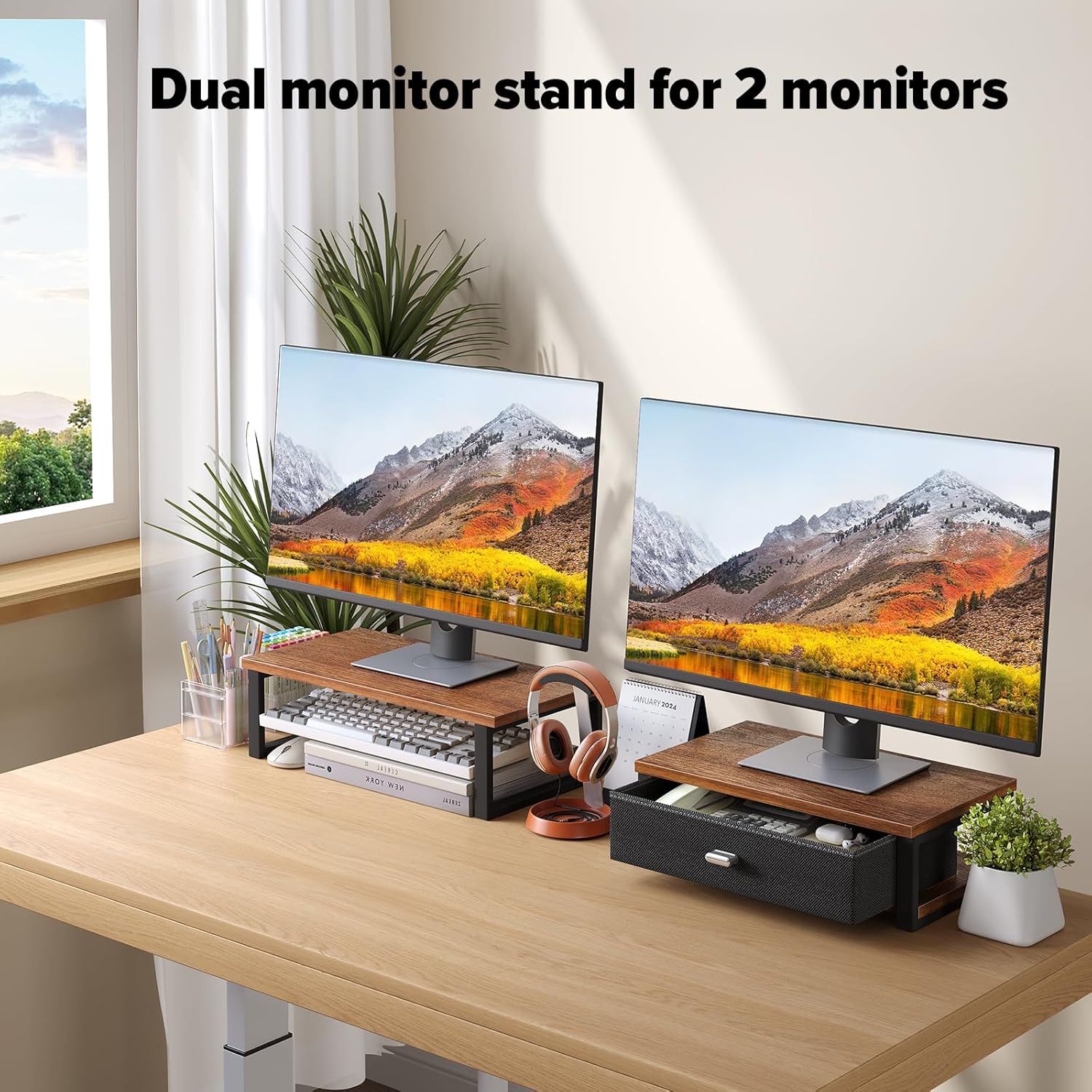 Dual Monitor Stand Riser with Drawer - Ergonomic Desktop Organizer for 2 Monitors, Computer Laptop Storage Shelf, Walnut Finish