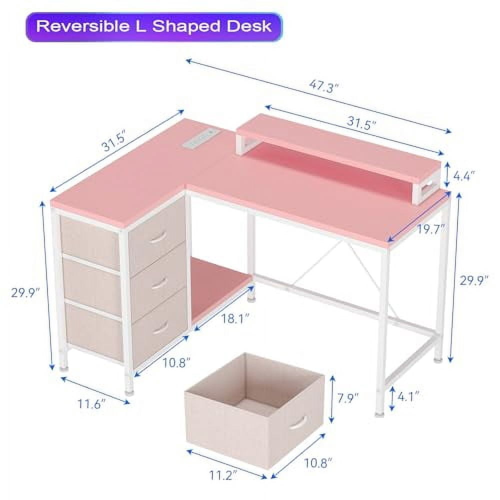 Roromall L Shaped Desk with Power Outlets & LED Lights, Computer Desk with Drawers & Shelves, Corner Desk Gaming Desk Home Office Desk