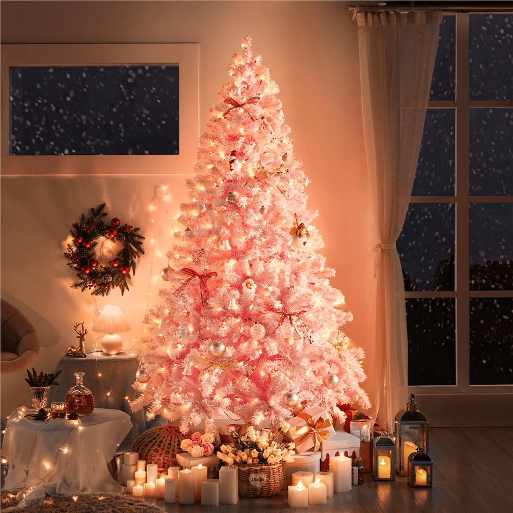 Alden Design 7.5 Ft Pre-lit Flocked Christmas Tree with Warm Lights, Pink