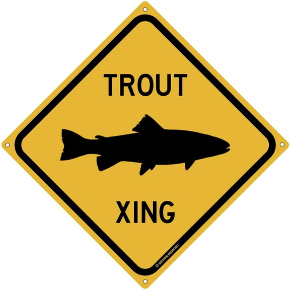 Trout Crossing 12" x 12" Tin Road Xing Sign Fly Fishing Theme Reel Bait Tackle Shop Man Cave Garage Home Bar Boat Decor