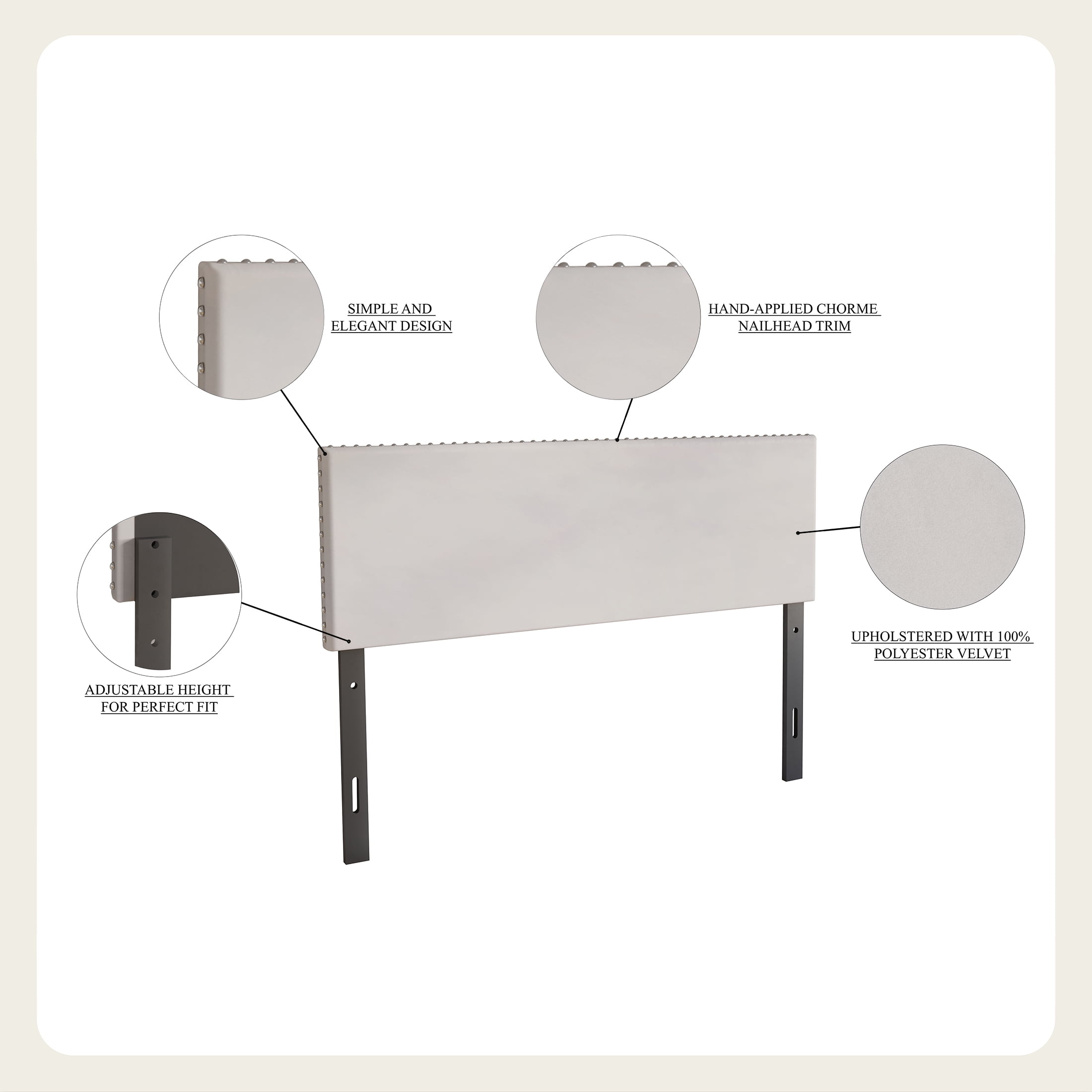 Castle Place Upholstered Nailhead Trim Velvet Headboard, Beige, Twin