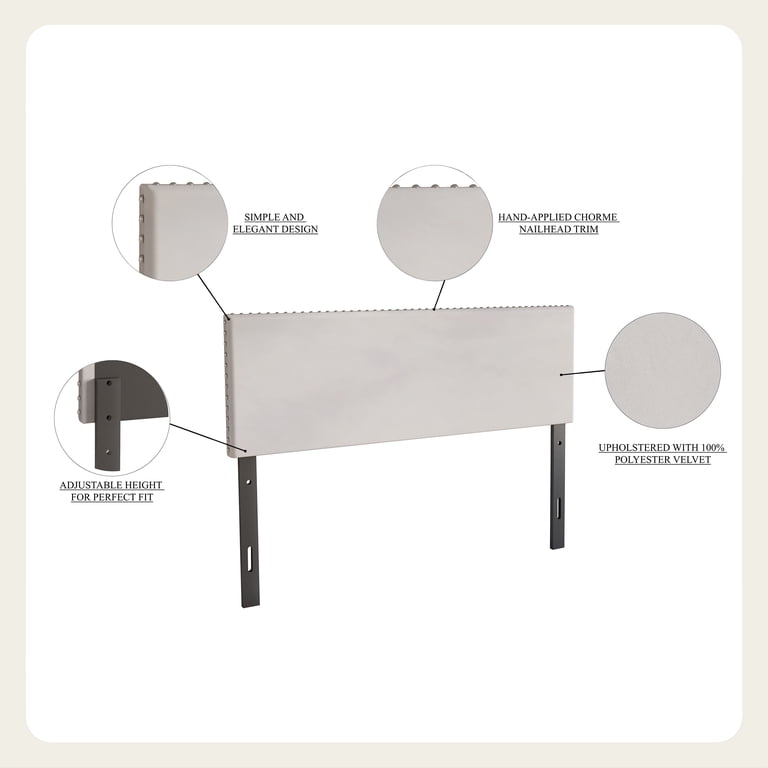 Castle Place Velvet Nailhead Upholstered Headboard, Silver Grey Queen photo 6