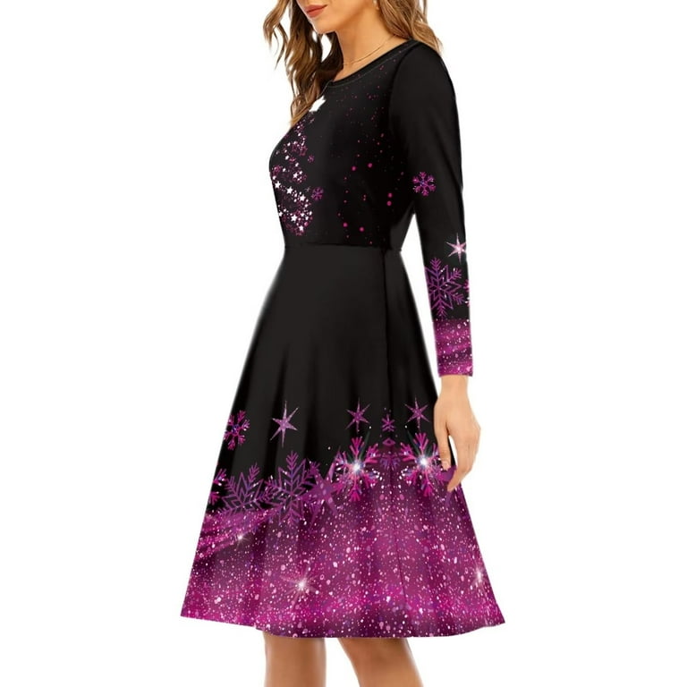 purple christmas party dresses FKELYI Purple Christmas Snowflake Women Dress Size M Lightweight Crew Neck  Swing Party Dress Comfy Women Dresses Casual Knee Length