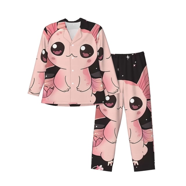 Balery Cute Axolotl Sakura Blossoms B Pijama para Hombre de Dos Piezas con Manga Larga, Conjunto de Dormir y Descanso Suave con Bolsillos-Medium