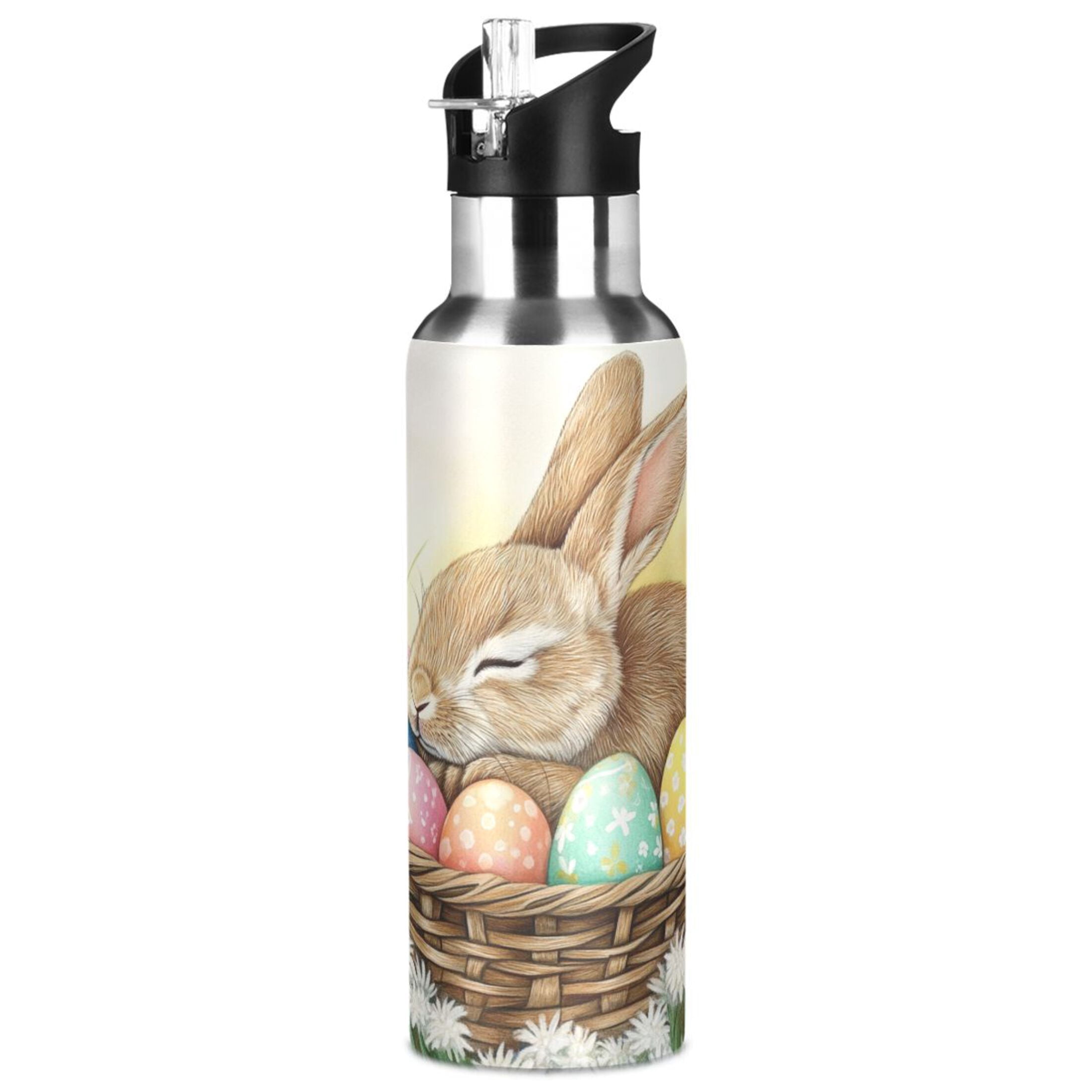 Rabbit Sleeping in Easter Basket Eggs Sports Bottle with Straw Stainless Steel Water Jug Portable Thermal Cup Leak-proof 1000ML