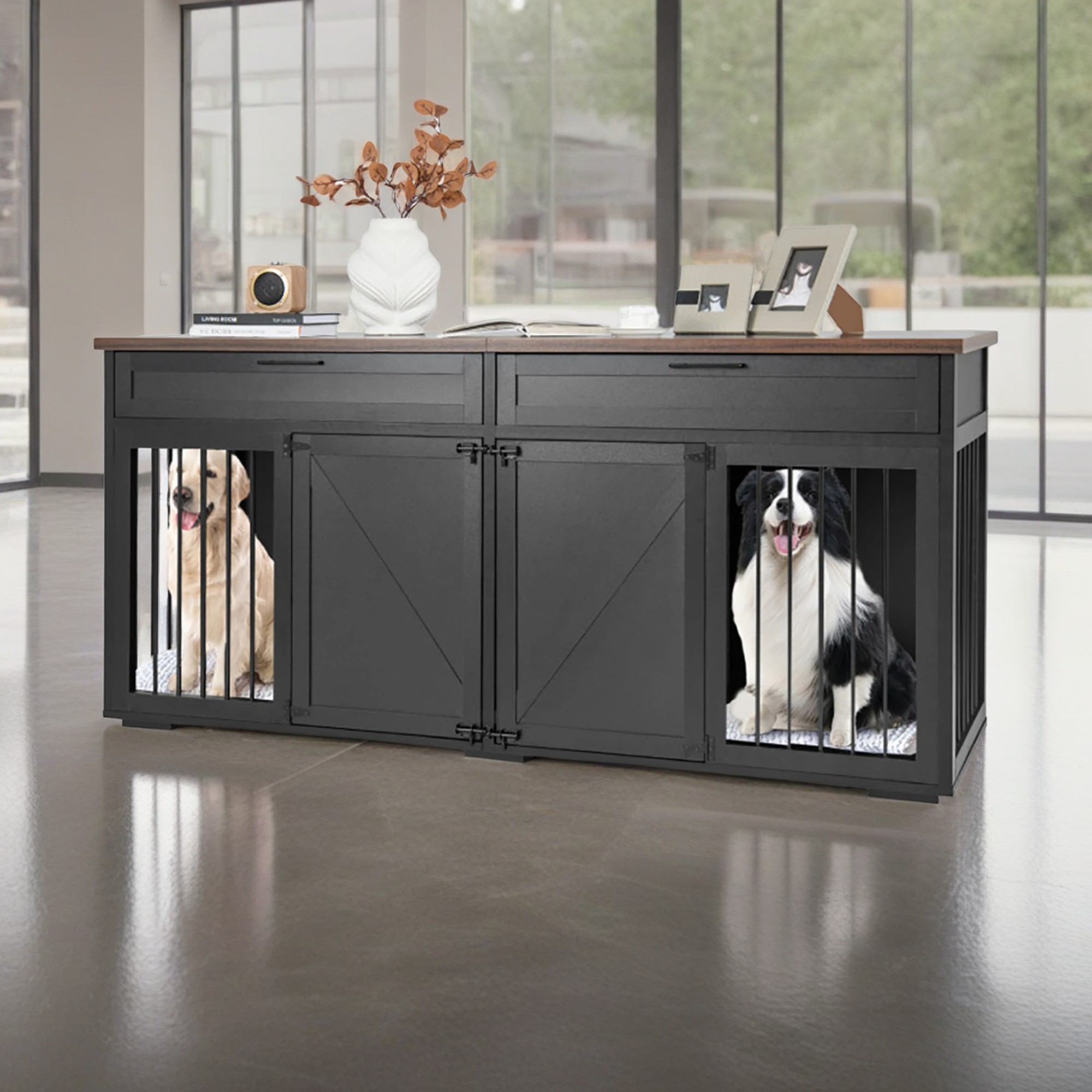 Kadyn 72" Double Door Dog Crate with Partition for Two Puppies, Furniture Style Dog Cages, Indoor Wood Kennel with Room Divider, Black